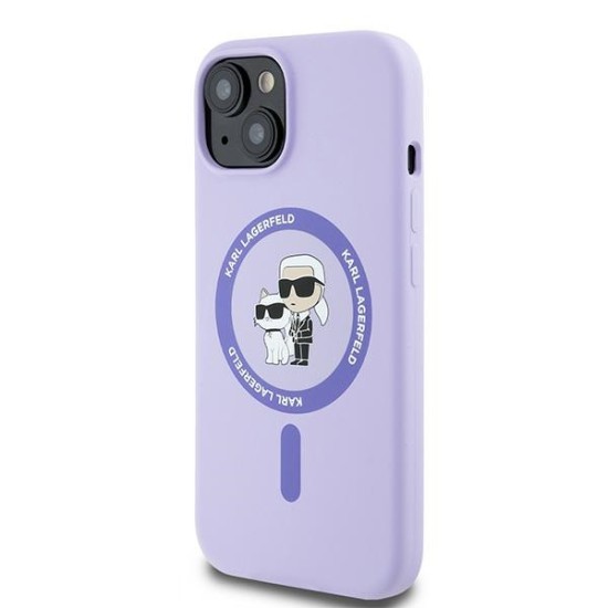 Husa pentru iPhone 15 - Karl Lagerfeld Silicone Ring MagSafe (KLHMP15SSCMKCRHU) - Purple Karl&Choupette Heads