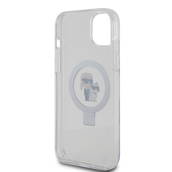 Husa pentru iPhone 15 Plus / 14 Plus - Karl Lagerfeld Hardcase Ring Stand MagSafe (KLHMP15MHMRSKCH) - White Karl&Choupette