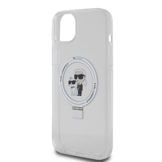 Husa pentru iPhone 15 Plus / 14 Plus - Karl Lagerfeld Hardcase Ring Stand MagSafe (KLHMP15MHMRSKCH) - White Karl&Choupette