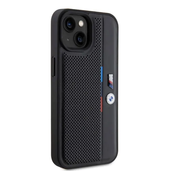 Husa pentru iPhone 15 Plus - BMW Hardcase Perforated Tricolor Line (BMHCP15M23PUPVK) - Black