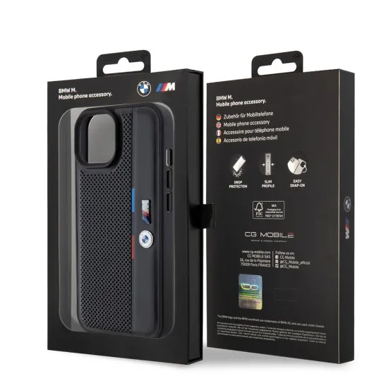 Husa pentru iPhone 15 Plus - BMW Hardcase Perforated Tricolor Line (BMHCP15M23PUPVK) - Black