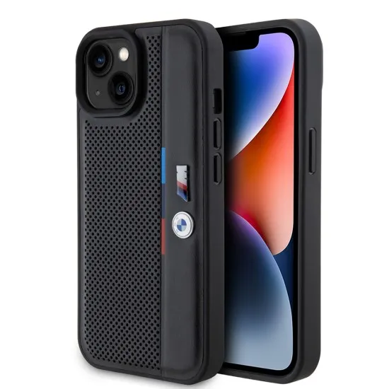 Husa pentru iPhone 15 Plus - BMW Hardcase Perforated Tricolor Line (BMHCP15M23PUPVK) - Black