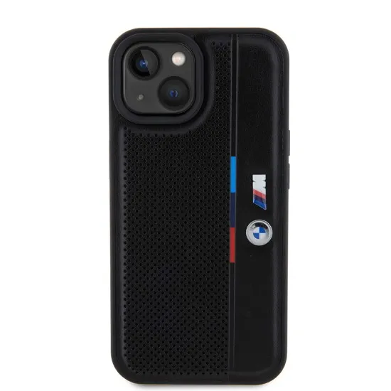 Husa pentru iPhone 15 Plus - BMW Hardcase Perforated Tricolor Line (BMHCP15M23PUPVK) - Black