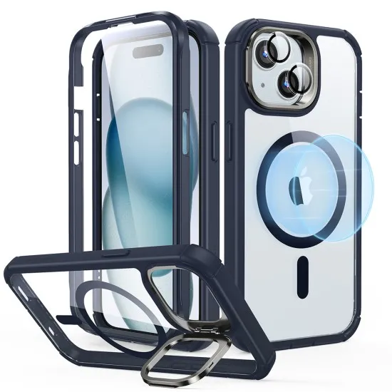Husa pentru iPhone 15 Plus + Folie - ESR Armor Tough Kickstand HaloLock - Clear Dark Blue Husa pentru iPhone 15 Plus + Folie - ESR Armor Tough Kickstand HaloLock - Clear Dark Blue