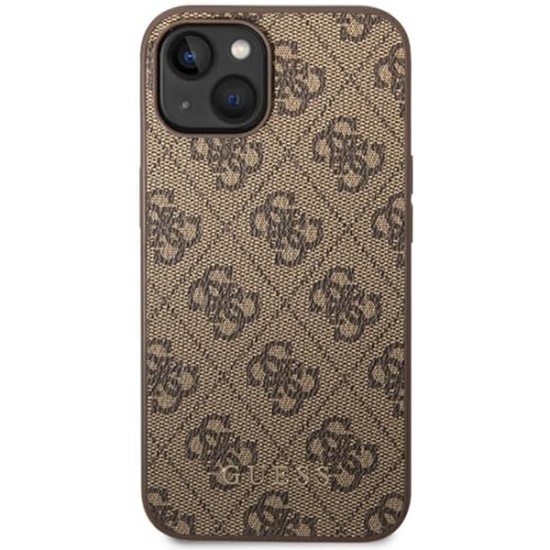 Husa pentru iPhone 15 Plus / iPhone 14 Plus - Guess Hardcase 4G Metal Gold Logo (GUHCP15MG4GFBR) - Brown