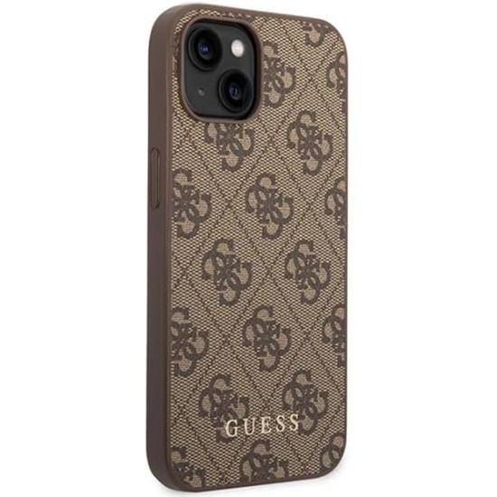 Husa pentru iPhone 15 Plus / iPhone 14 Plus - Guess Hardcase 4G Metal Gold Logo (GUHCP15MG4GFBR) - Brown