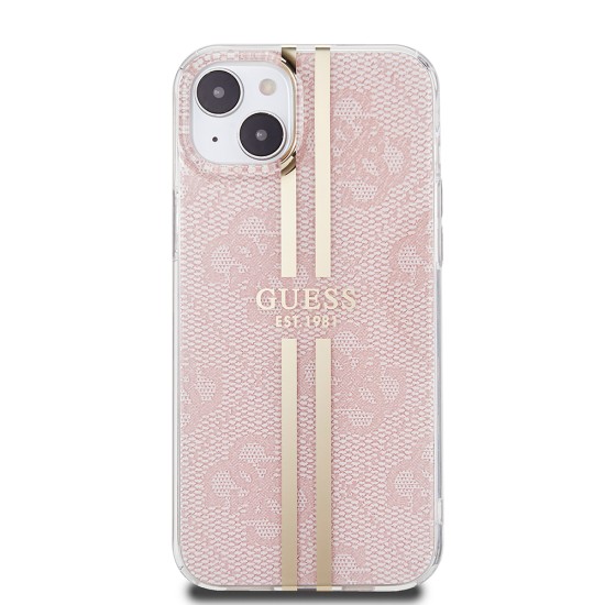 Husa pentru iPhone 15 Plus / iPhone 14 Plus - Guess Hardcase IML 4G Gold Stripe (GUHCP15MH4PSEGP) - Pink