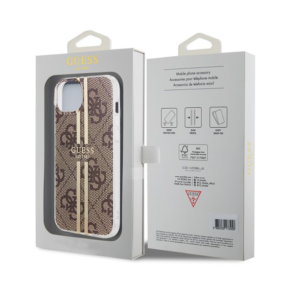 Husa pentru iPhone 15 Plus / iPhone 14 Plus - Guess Hardcase IML 4G Gold Stripe (GUHCP15MH4PSEGW) - Brown