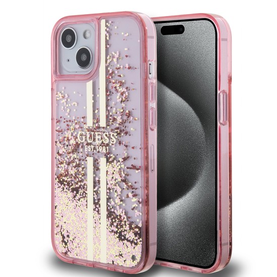 Husa pentru iPhone 15 Plus / iPhone 14 Plus - Guess Liquid Glitter Gold Stripes (GUHCP15MLFCSEGP) - Pink