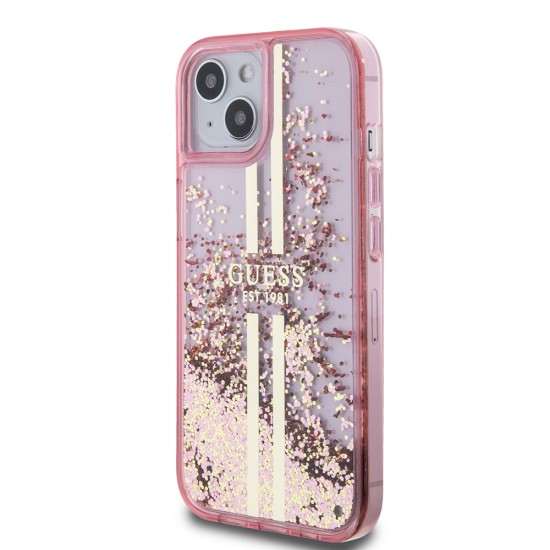 Husa pentru iPhone 15 Plus / iPhone 14 Plus - Guess Liquid Glitter Gold Stripes (GUHCP15MLFCSEGP) - Pink