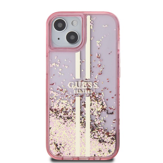 Husa pentru iPhone 15 Plus / iPhone 14 Plus - Guess Liquid Glitter Gold Stripes (GUHCP15MLFCSEGP) - Pink