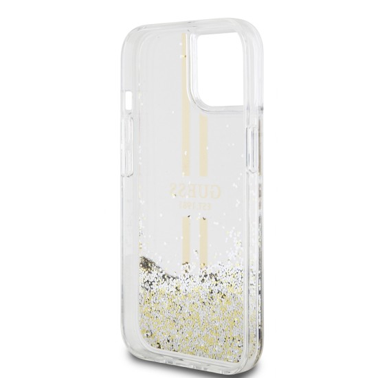 Husa pentru iPhone 15 Plus / iPhone 14 Plus - Guess Liquid Glitter Gold Stripes (GUHCP15MLFCSEGT) - Transparent