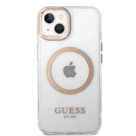 Husa pentru iPhone 15 Plus / iPhone 14 Plus - Guess Metal Outline Magsafe (GUHMP15MHTRMD) - Gold