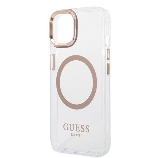 Husa pentru iPhone 15 Plus / iPhone 14 Plus - Guess Metal Outline Magsafe (GUHMP15MHTRMD) - Gold