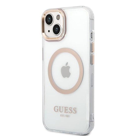 Husa pentru iPhone 15 Plus / iPhone 14 Plus - Guess Metal Outline Magsafe (GUHMP15MHTRMD) - Gold