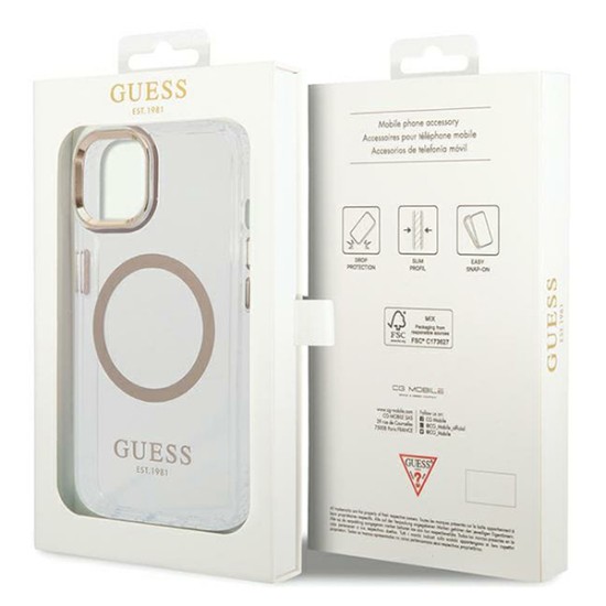 Husa pentru iPhone 15 Plus / iPhone 14 Plus - Guess Metal Outline Magsafe (GUHMP15MHTRMD) - Gold