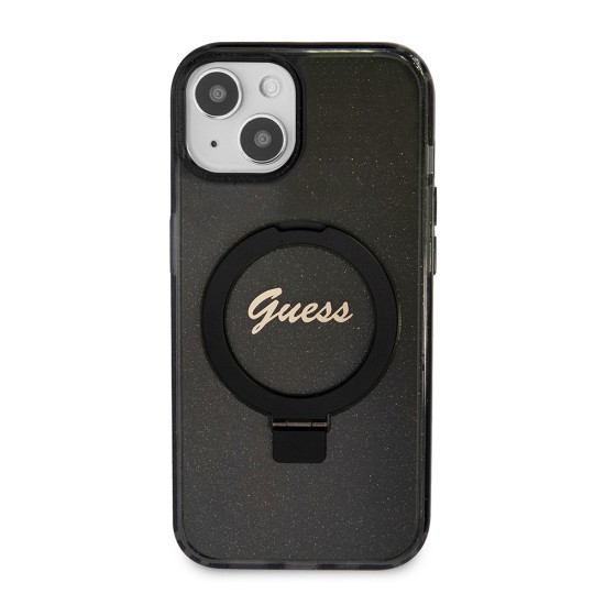 Husa pentru iPhone 15 Plus / iPhone 14 Plus - Guess Ring Stand Script Glitter MagSafe (GUHMP15MHRSGSK) - Black