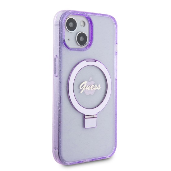 Husa pentru iPhone 15 Plus / iPhone 14 Plus - Guess Ring Stand Script Glitter MagSafe (GUHMP15MHRSGSU) - Purple