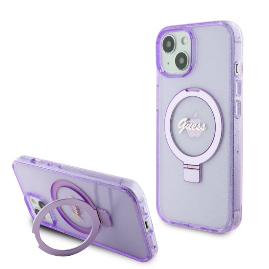 Husa pentru iPhone 15 Plus / iPhone 14 Plus - Guess Ring Stand Script Glitter MagSafe (GUHMP15MHRSGSU) - Purple