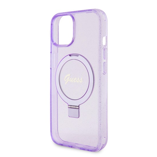 Husa pentru iPhone 15 Plus / iPhone 14 Plus - Guess Ring Stand Script Glitter MagSafe (GUHMP15MHRSGSU) - Purple