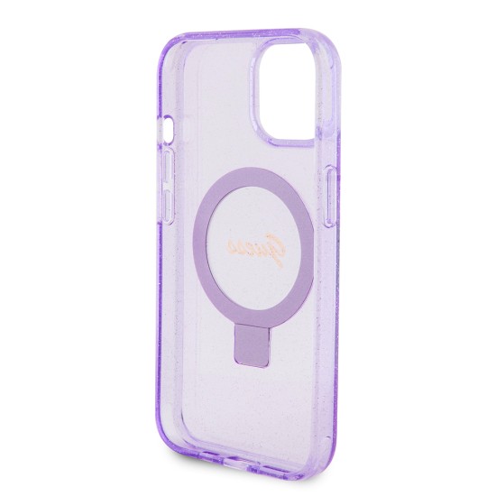 Husa pentru iPhone 15 Plus / iPhone 14 Plus - Guess Ring Stand Script Glitter MagSafe (GUHMP15MHRSGSU) - Purple