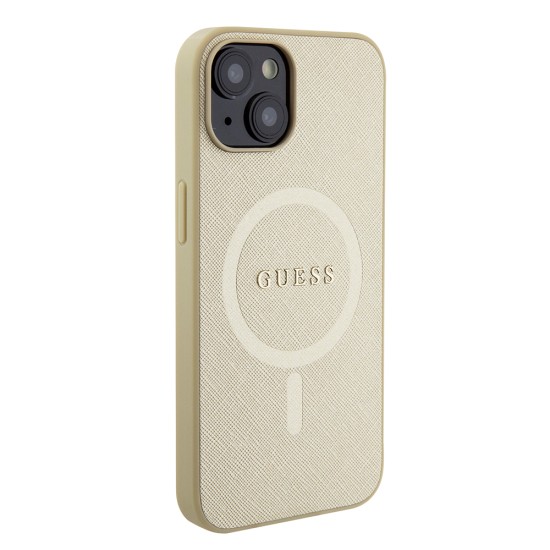 Husa pentru iPhone 15 Plus / iPhone 14 Plus - Guess Saffiano MagSafe (GUHMP15MPSAHMCB) - Gold