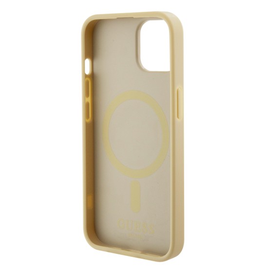 Husa pentru iPhone 15 Plus / iPhone 14 Plus - Guess Saffiano MagSafe (GUHMP15MPSAHMCB) - Gold