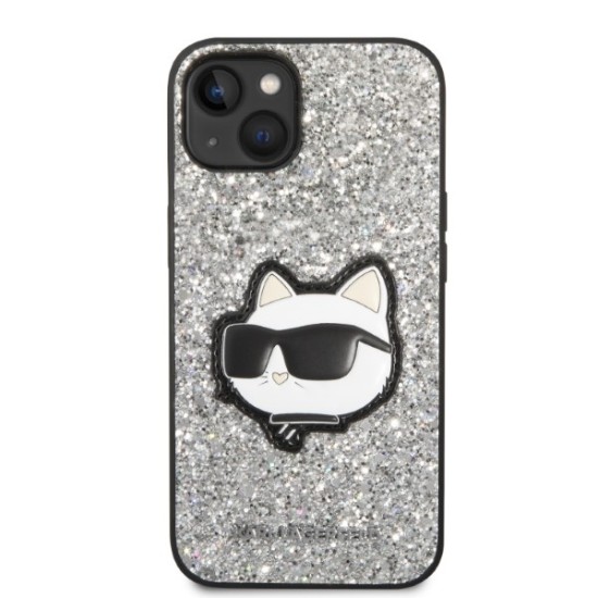 Husa pentru iPhone 15 Plus / iPhone 14 Plus - Karl Lagerfeld Hardcase Glitter (KLHCP14MG2CPS) - Silver Choupette Patch