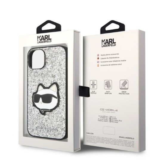 Husa pentru iPhone 15 Plus / iPhone 14 Plus - Karl Lagerfeld Hardcase Glitter (KLHCP14MG2CPS) - Silver Choupette Patch