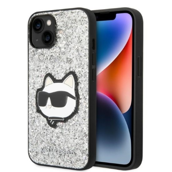 Husa pentru iPhone 15 Plus / iPhone 14 Plus - Karl Lagerfeld Hardcase Glitter (KLHCP14MG2CPS) - Silver Choupette Patch