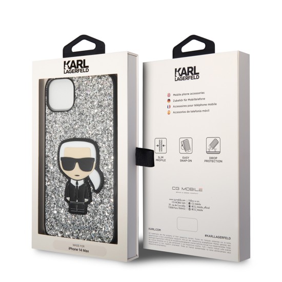 Husa pentru iPhone 15 Plus / iPhone 14 Plus - Karl Lagerfeld Hardcase Glitter (KLHCP14MGFKPG) - Silver Flakes Ikonik