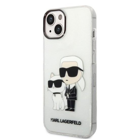 Husa pentru iPhone 15 Plus / iPhone 14 Plus - Karl Lagerfeld Hardcase Glitter (KLHCP14MHNKCTGT) - Transparent Karl&Choupette