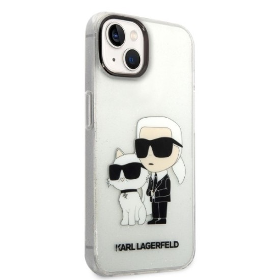 Husa pentru iPhone 15 Plus / iPhone 14 Plus - Karl Lagerfeld Hardcase Glitter (KLHCP14MHNKCTGT) - Transparent Karl&Choupette