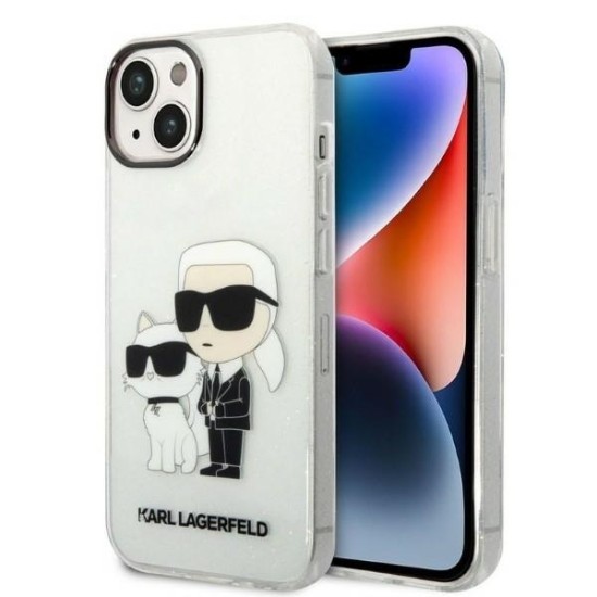 Husa pentru iPhone 15 Plus / iPhone 14 Plus - Karl Lagerfeld Hardcase Glitter (KLHCP14MHNKCTGT) - Transparent Karl&Choupette