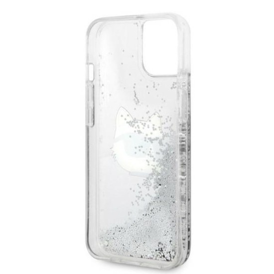 Husa pentru iPhone 15 Plus / iPhone 14 Plus - Karl Lagerfeld Hardcase Glitter (KLHCP14MLNCHCS) - Silver Choupette Head