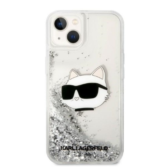 Husa pentru iPhone 15 Plus / iPhone 14 Plus - Karl Lagerfeld Hardcase Glitter (KLHCP14MLNCHCS) - Silver Choupette Head