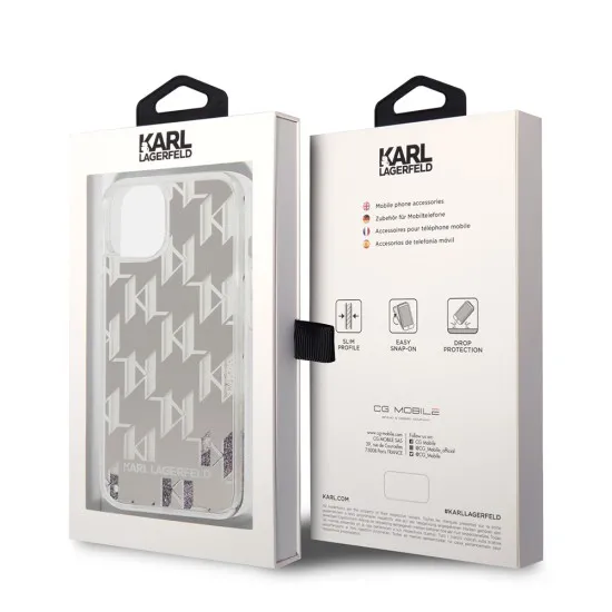 Husa pentru iPhone 15 Plus / iPhone 14 Plus - Karl Lagerfeld Hardcase Liquid Glitter (KLHCP14MLMNMS) - Silver Monogram Husa pentru iPhone 15 Plus / iPhone 14 Plus - Karl Lagerfeld Hardcase Liquid Glitter (KLHCP14MLMNMS) - Silver Monogram
