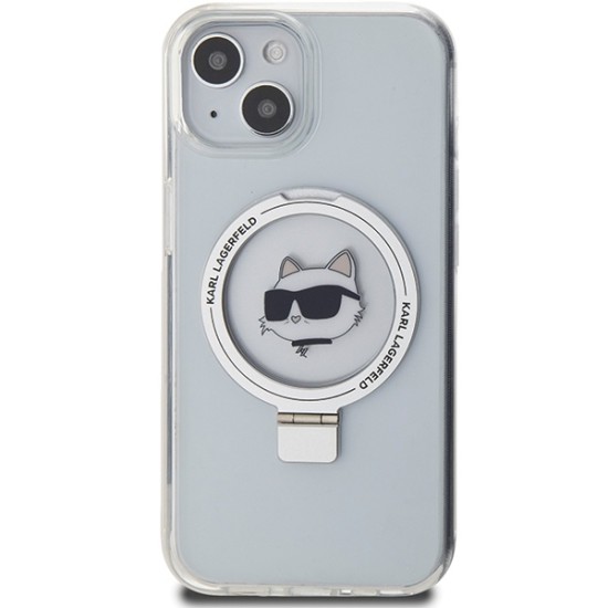 Husa pentru iPhone 15 Plus / iPhone 14 Plus - Karl Lagerfeld Hardcase Ring Stand MagSafe (KLHMP15MHMRSCHH) - White Choupette Head