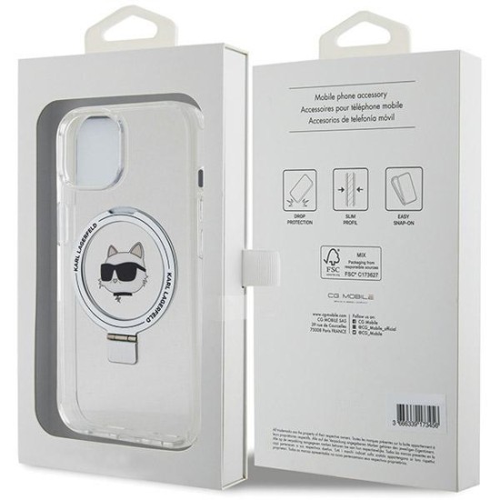 Husa pentru iPhone 15 Plus / iPhone 14 Plus - Karl Lagerfeld Hardcase Ring Stand MagSafe (KLHMP15MHMRSCHH) - White Choupette Head