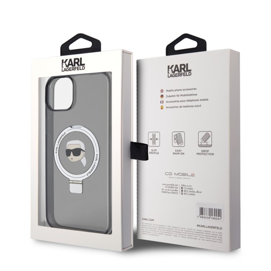 Husa pentru iPhone 15 Plus / iPhone 14 Plus - Karl Lagerfeld Hardcase Ring Stand MagSafe (KLHMP15MHMRSKHK) - Karl Head