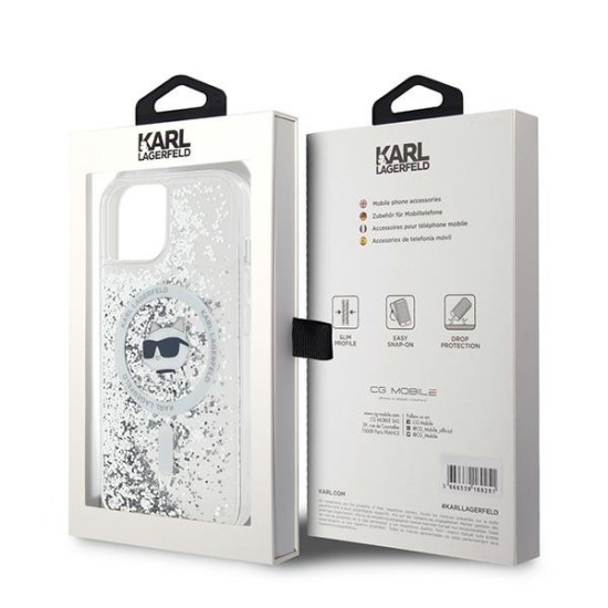 Husa pentru iPhone 15 Plus / iPhone 14 Plus - Karl Lagerfeld Liquid Glitter MagSafe (KLHMP15MLGCHSGH) - Transparent Choupette Head