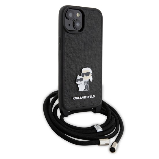 Husa pentru iPhone 15 Plus / iPhone 14 Plus - Karl Lagerfeld Saffiano Crossbody (KLHCP15MSAKCPSK) - Metal Pin Karl&Choupette