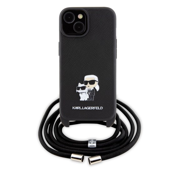 Husa pentru iPhone 15 Plus / iPhone 14 Plus - Karl Lagerfeld Saffiano Crossbody (KLHCP15MSAKCPSK) - Metal Pin Karl&Choupette