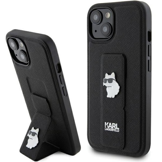 Husa pentru iPhone 15 Plus / iPhone 14 Plus - Karl Lagerfeld Saffiano Gripstand (KLHCP15MGSACHPK) - Choupette Pins