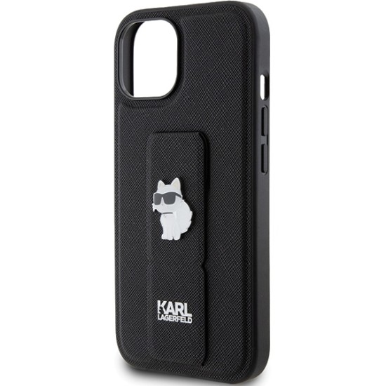 Husa pentru iPhone 15 Plus / iPhone 14 Plus - Karl Lagerfeld Saffiano Gripstand (KLHCP15MGSACHPK) - Choupette Pins