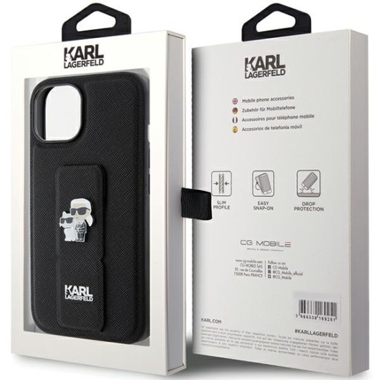 Husa pentru iPhone 15 Plus / iPhone 14 Plus - Karl Lagerfeld Saffiano Gripstand (KLHCP15MGSAKCPK) - Karl&Choupette Pins