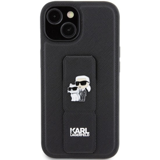 Husa pentru iPhone 15 Plus / iPhone 14 Plus - Karl Lagerfeld Saffiano Gripstand (KLHCP15MGSAKCPK) - Karl&Choupette Pins