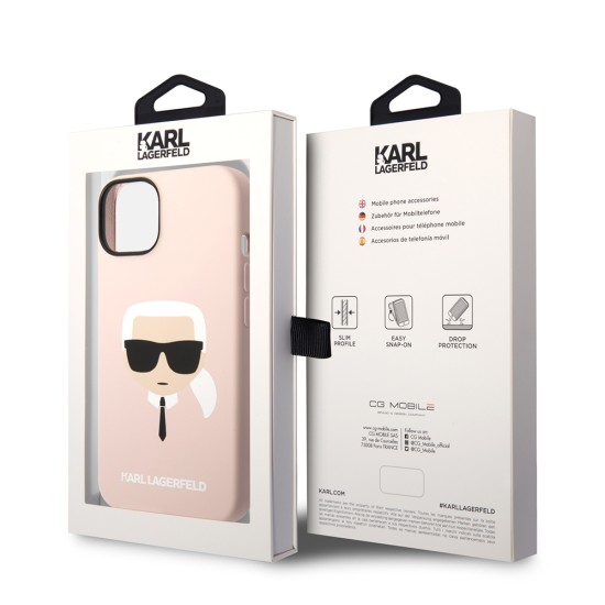 Husa pentru iPhone 15 Plus / iPhone 14 Plus - Karl Lagerfeld Silicone (KLHCP14MSLKHLP) - Pink Karl`s Head