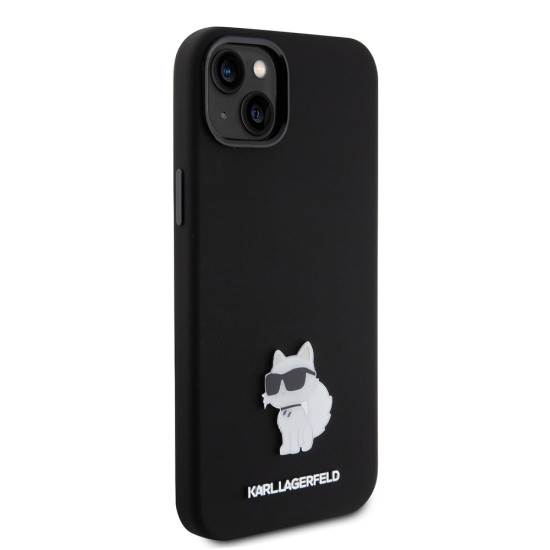 Husa pentru iPhone 15 Plus / iPhone 14 Plus - Karl Lagerfeld Silicone (KLHCP15MSMHCNPK) - Choupette Metal Pin