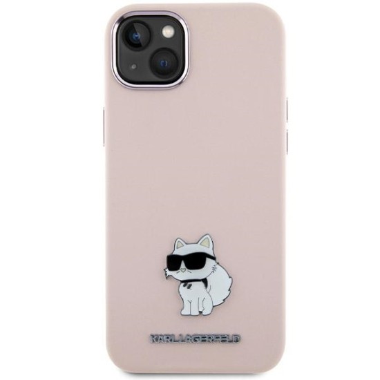 Husa pentru iPhone 15 Plus / iPhone 14 Plus - Karl Lagerfeld Silicone (KLHCP15MSMHCNPP) - Pink Choupette Metal Pin